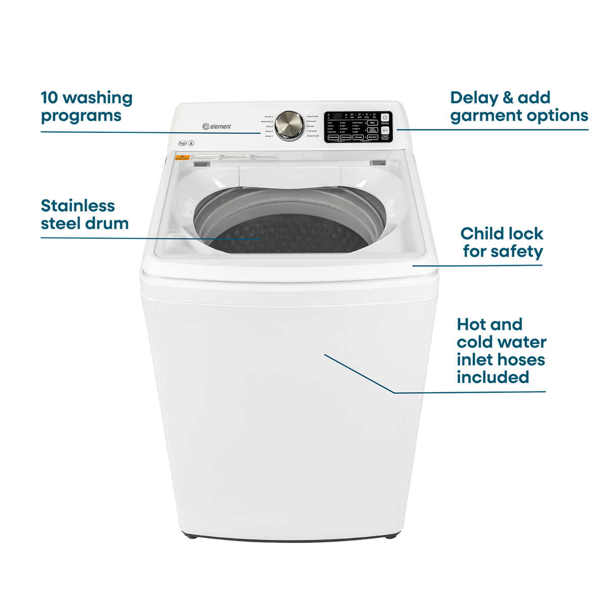 Element 4.1 cu. ft. Top Load Washer with Hose – White (EATW4125EW)